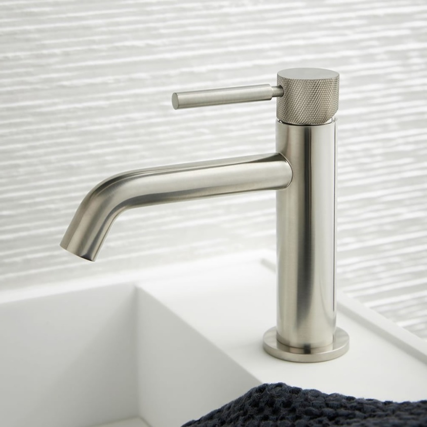 Lifestyle image of Vado Individual Knurled Accents Brushed Nickel Basin Mono Tap